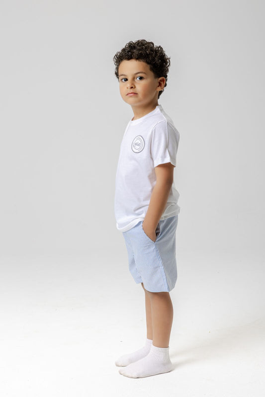 blue shorts boys + white top