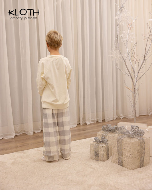 CHRISTMAS PAJAMAS FOR KIDS (WHITE & GREY PLAID PANTS)