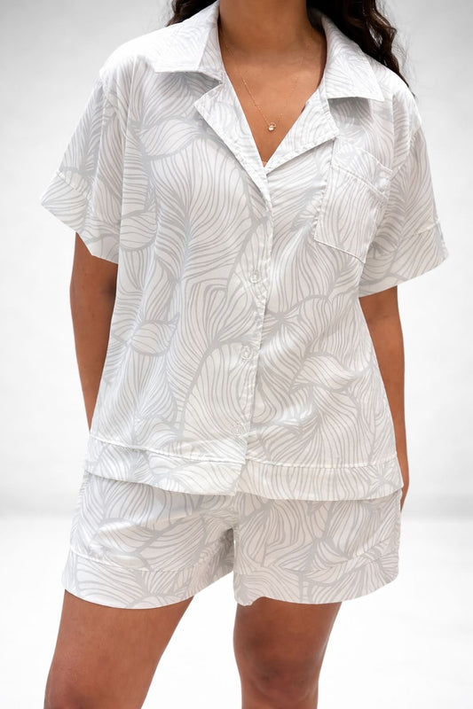 White and Grey Leaf-Print Satin Pjs