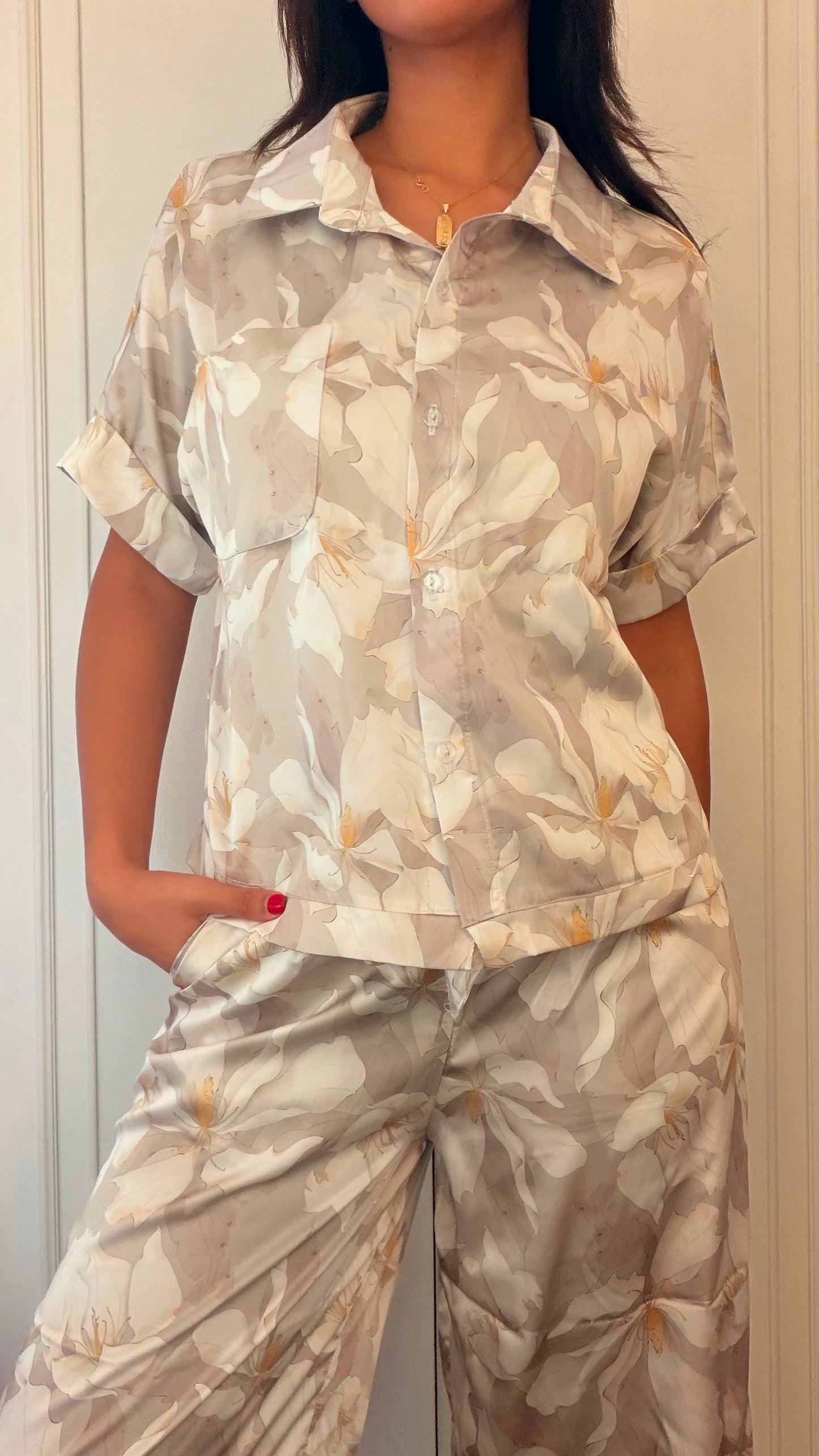Grey & yellow floral satin pjs