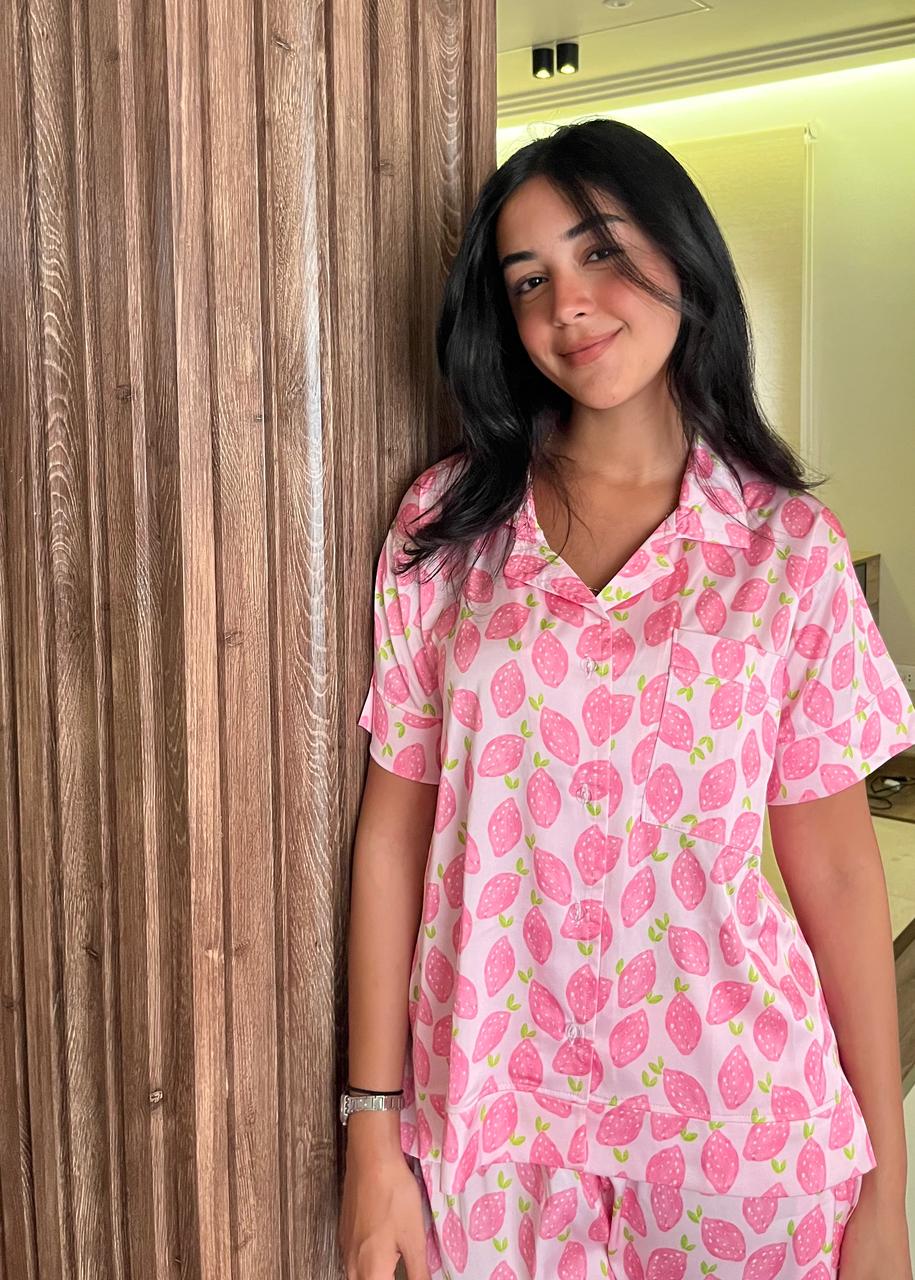 pink strawberry pajamas for kids & adults