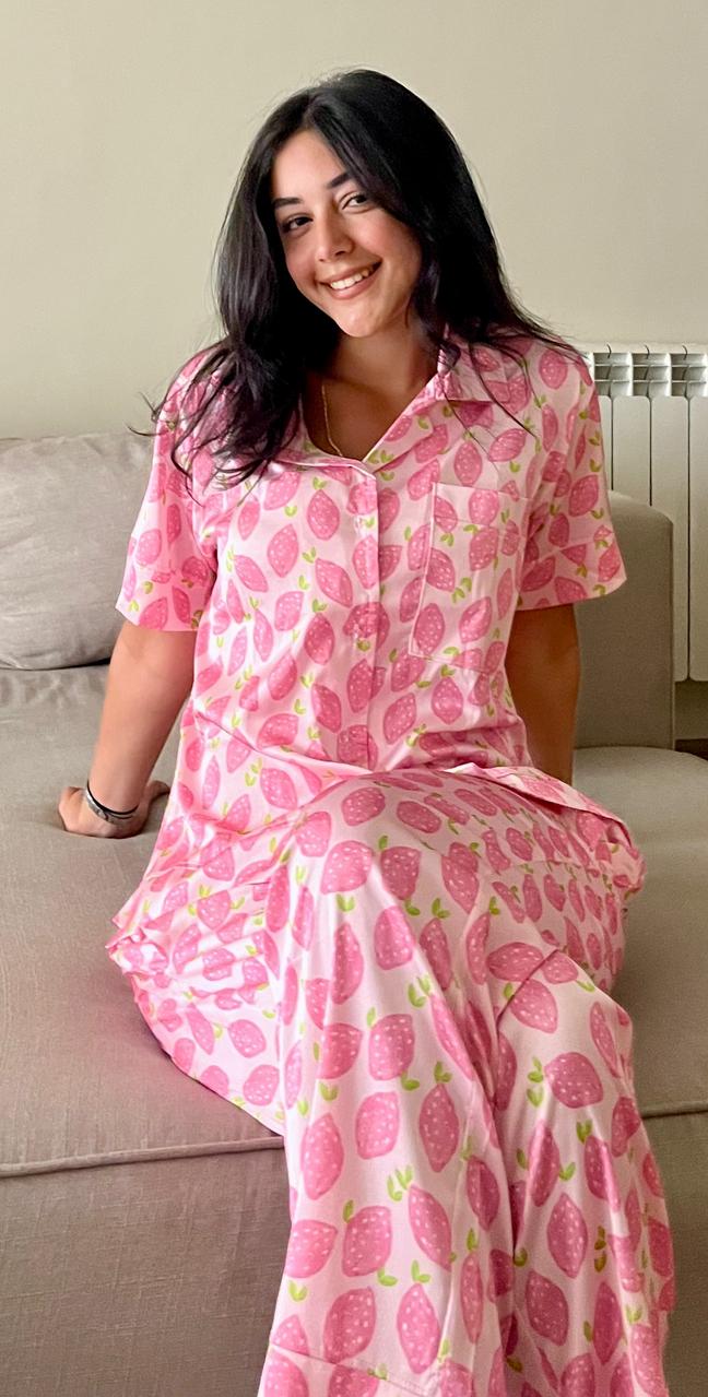pink strawberry pajamas for kids & adults
