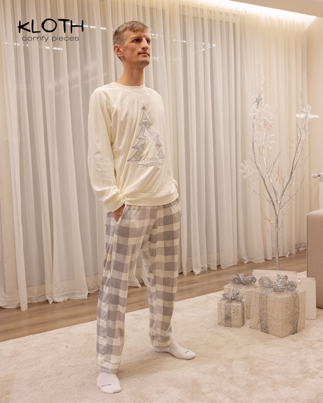 CHRISTMAS PAJAMAS FOR THE FAMILY (WHITE & GREY PLAID PANTS)