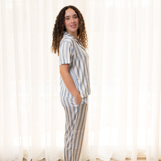 White Double-Striped Satin Pants Set
