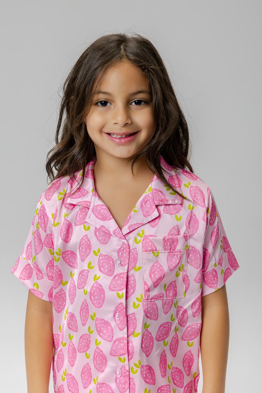 pink strawberry satin pjs for girls