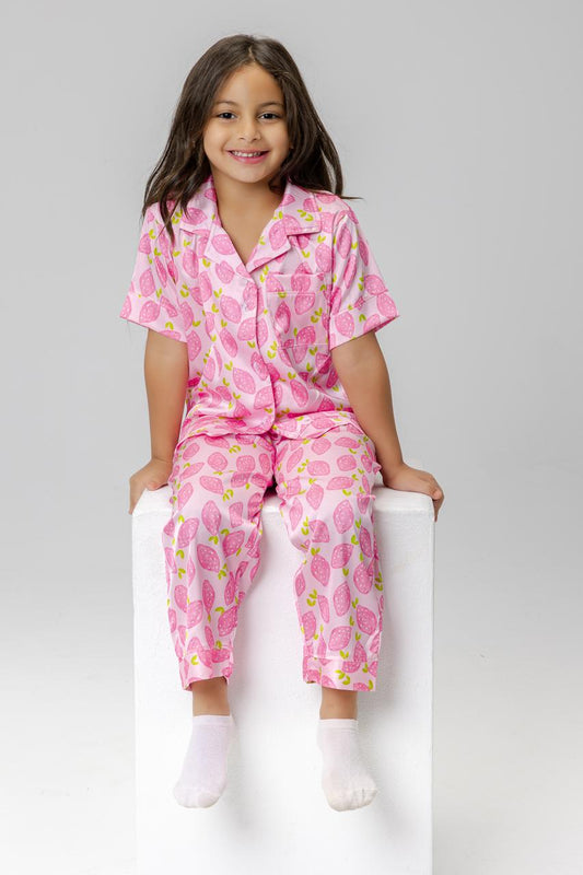 pink strawberry satin pjs for girls