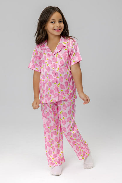 pink strawberry satin pjs for girls