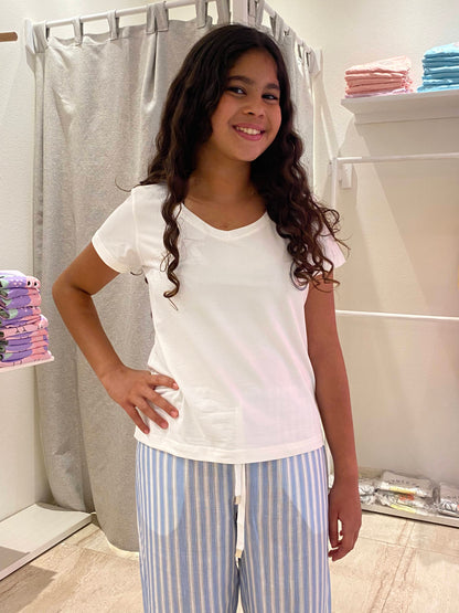 Dark Blue-striped Linen Pants and T-shirt Set