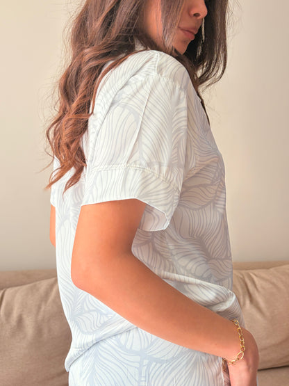 White and Grey Leaf-Print Satin Pjs