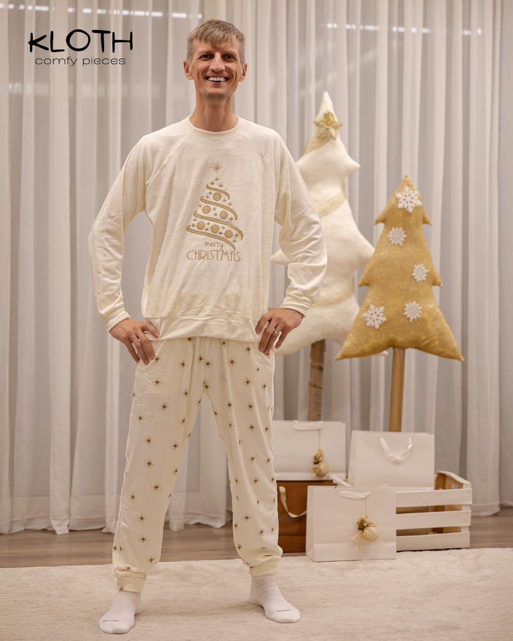 CHRISTMAS PAJAMAS FOR THE FAMILY (WHITE & G0LD STARS PANTS)