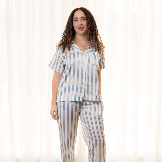 White Double-Striped Satin Pants Set