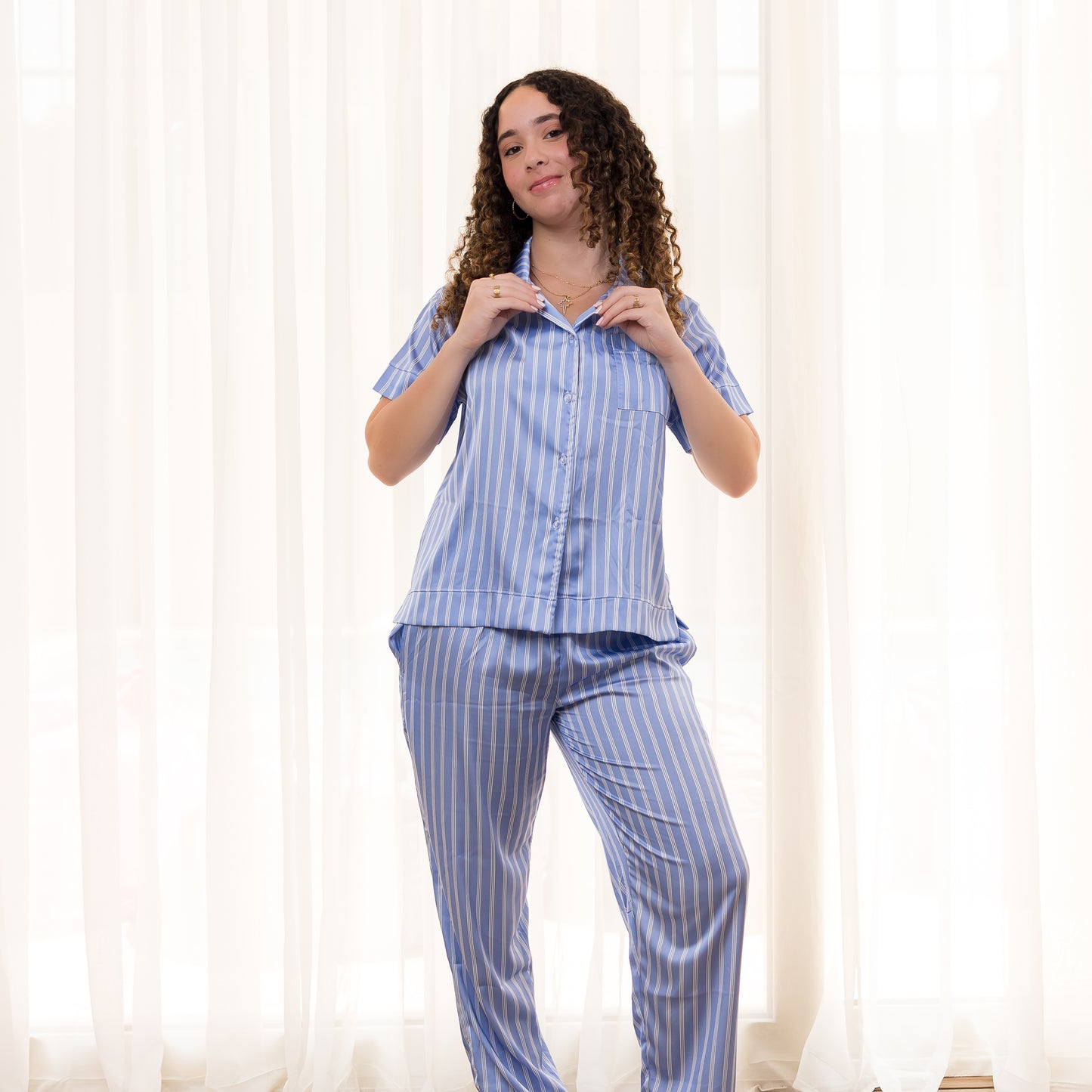 Royal Blue Striped Satin Pants Set