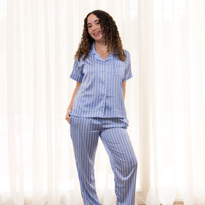Royal Blue Striped Satin Pants Set