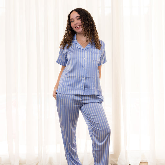 Royal Blue Striped Satin Pants Set