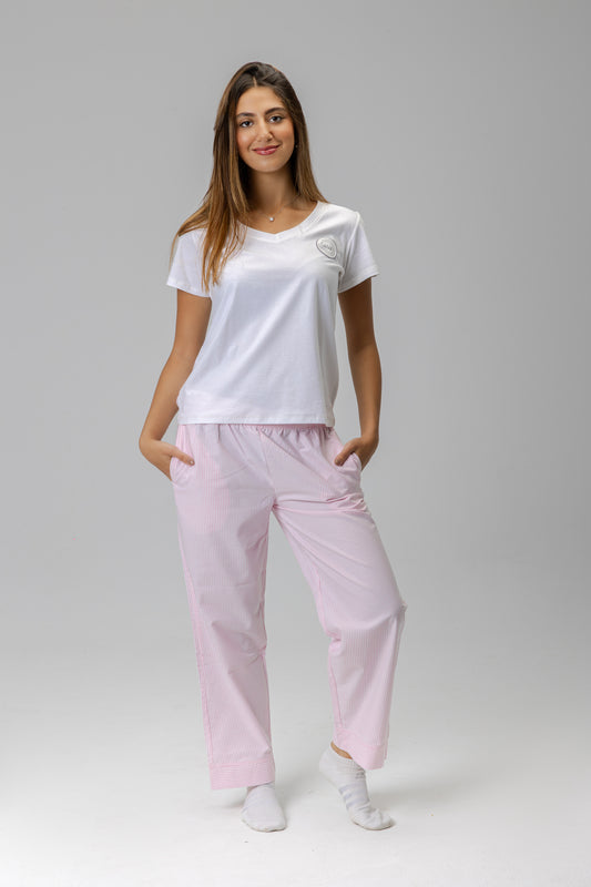 pink pants women + white top