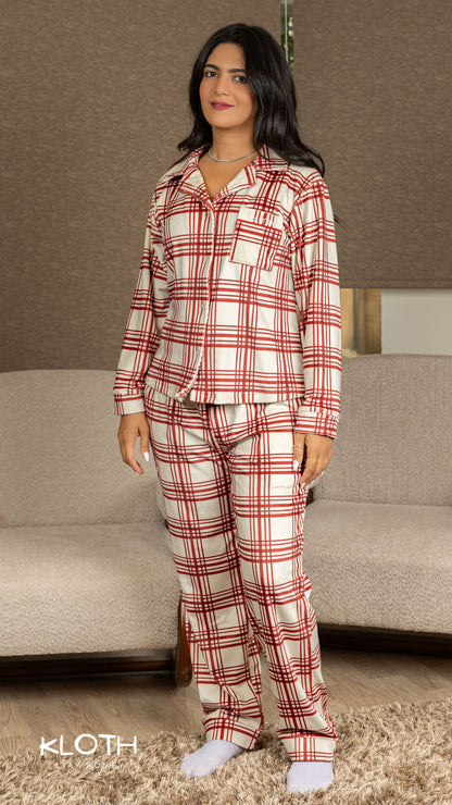 Red Plaid Buttoned Set