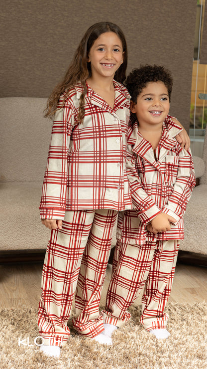 Red Plaid Buttoned Set