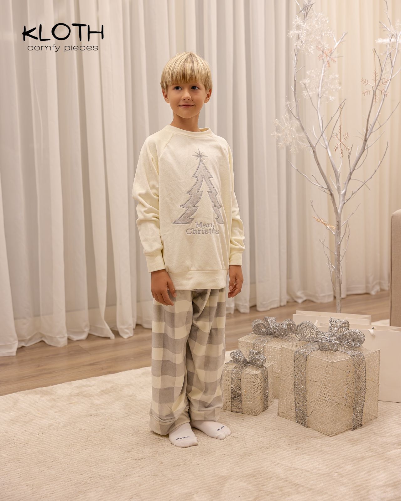 CHRISTMAS PAJAMAS FOR THE FAMILY (WHITE & GREY PLAID PANTS)
